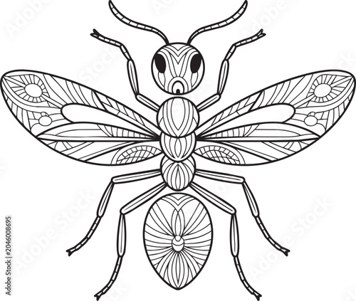Detailed outline drawing of an ant with elaborate wing and body patterns over transparent background.
