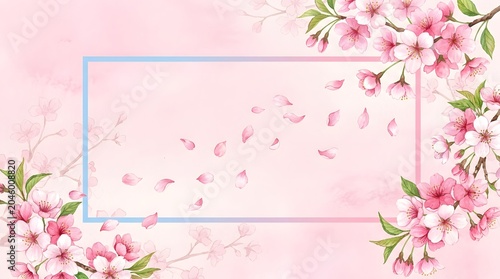 Elegant Sakura Cherry Blossoms Floral Frame on Soft Pastel Pink Watercolor Background
