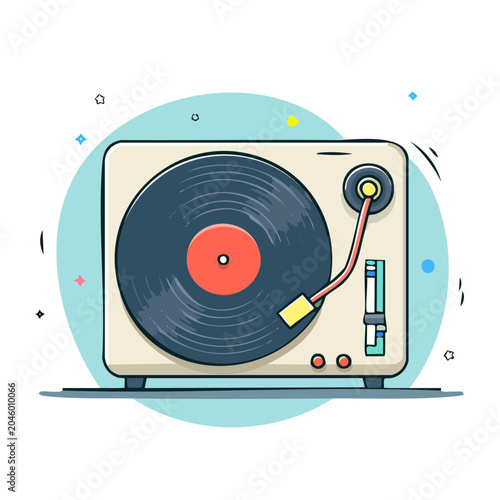Retro turntable with vinyl record, flat design illustration