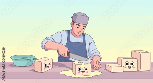 Chef cutting cute cartoon butter blocks in the kitchen
