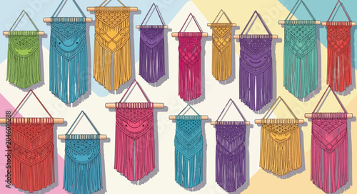 Set of colorful handmade macrame wall hangings