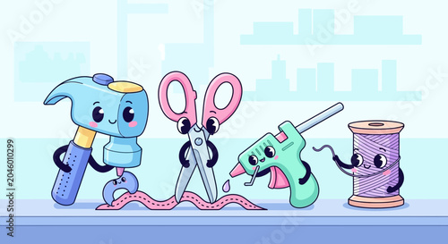 Cute cartoon characters of crafting tools and supplies