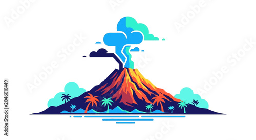 Vibrant Tropical Volcano Eruption Artistic Vector Illustration.