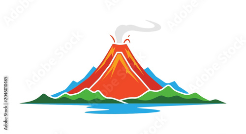 Stylized graphic illustration of an active volcanic mountain erupting.