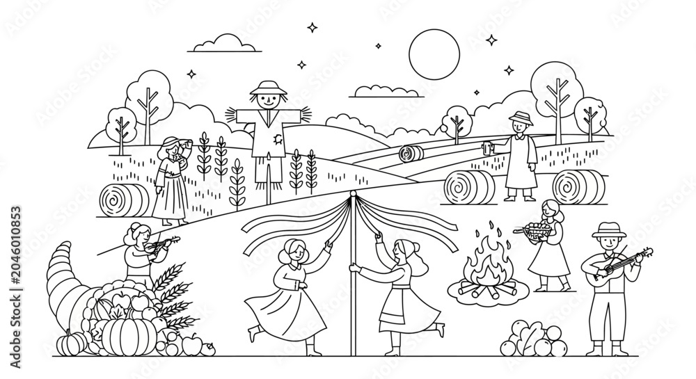 Obraz premium Traditional European harvest festival with maypole dancing and bonfire.