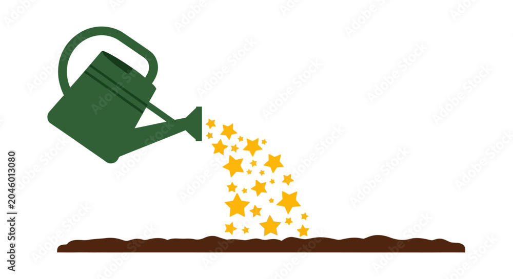 Obraz premium Watering can pouring stars onto soil, flat vector illustration