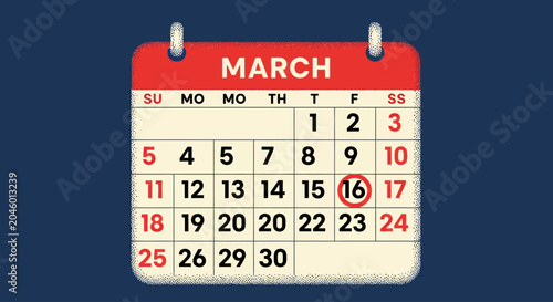 Photos March calendar with circled date, flat vector illustration