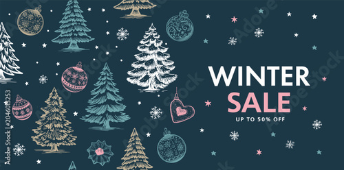 Winter sale, Christmas tree and ball set, Hand drawn illustration.	
