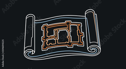 Glowing Scroll with Architectural Floor Plan Vector Illustration
