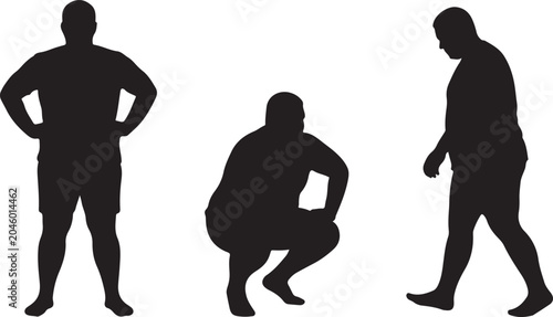 Three black silhouettes of an overweight man in different poses standing crouching and walking