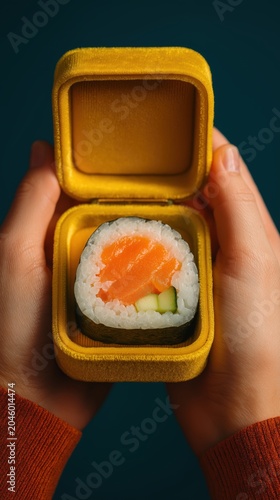 Top down view of hands holding a premium yellow velvet gift box with a single sushi roll inside. Luxury restaurant food delivery and culinary art concept