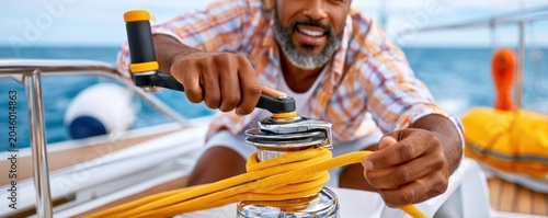 Man operating a winch on a yacht deck while smiling during a sunny sailing trip