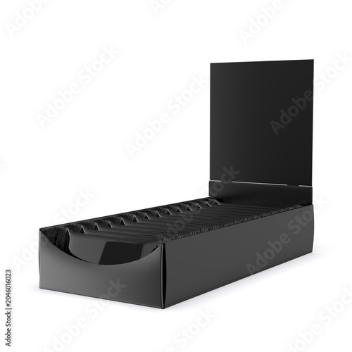 Blank retail countertop display tray with hanging header card and individually packed stick sachets. White cardboard point-of-sale packaging mockup isolated on light background. 3D render illustration