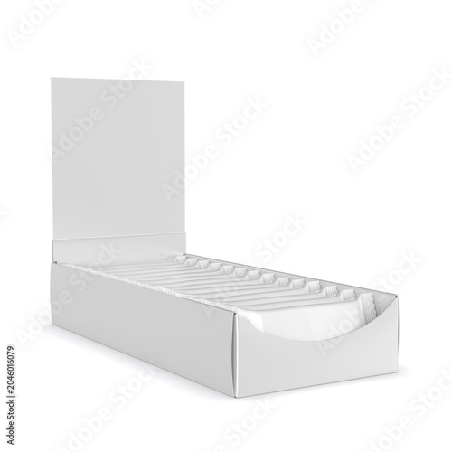 Blank retail countertop display tray with hanging header card and individually packed stick sachets. White cardboard point-of-sale packaging mockup isolated on light background. 3D render illustration