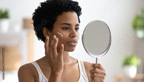 Young Black Woman Applying Face Cream in Mirror for Skincare Routine