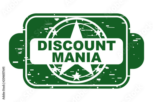 Vintage discount mania rubber stamp badge with distressed texture and star accents in vector style. Concept of price reduction, bargain hunting, and promotional retail events