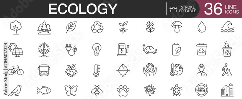 Cuadro en lienzo Ecology and environmental conservation editable stroke line vector icon set featuring biodiversity protection, renewable green energy, and sustainable habitat concepts