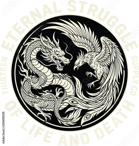 Level up your apparel line! Insane dragon vs phoenix vector emblem. Intricate 
