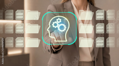 Knowledge base and information organization system. Enterprise repository for structured business knowledge and document classification. Businesswoman using digital knowledge platform
