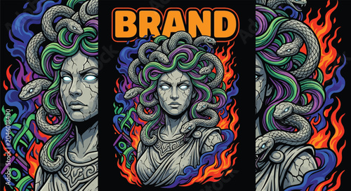 Level up your streetwear brand! Fierce Medusa vector graphic with glowing eyes, snakes, and blazing flames. Perfect for trending t-shirts and hoodies. Buy now!