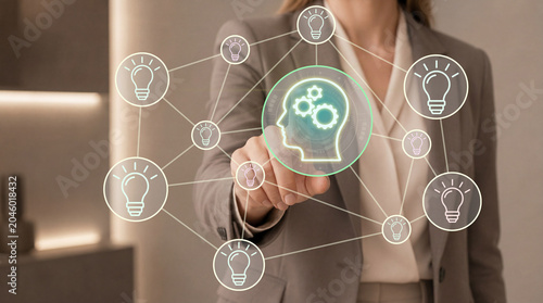 Knowledge sharing and organizational knowledge network. Connected expertise, business insights and collaborative learning across teams. Businesswoman using knowledge sharing platform