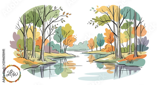 Enhance your designs! Beautiful hand-drawn autumn river landscape vector. Serene fall trees & water reflection art perfect for prints & cards. Buy now!