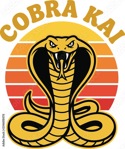 Boost your sales! Retro Cobra Kai martial arts vector with vintage 80s sunset & aggressive snake logo. Perfect for trending t-shirts & apparel. Buy now!