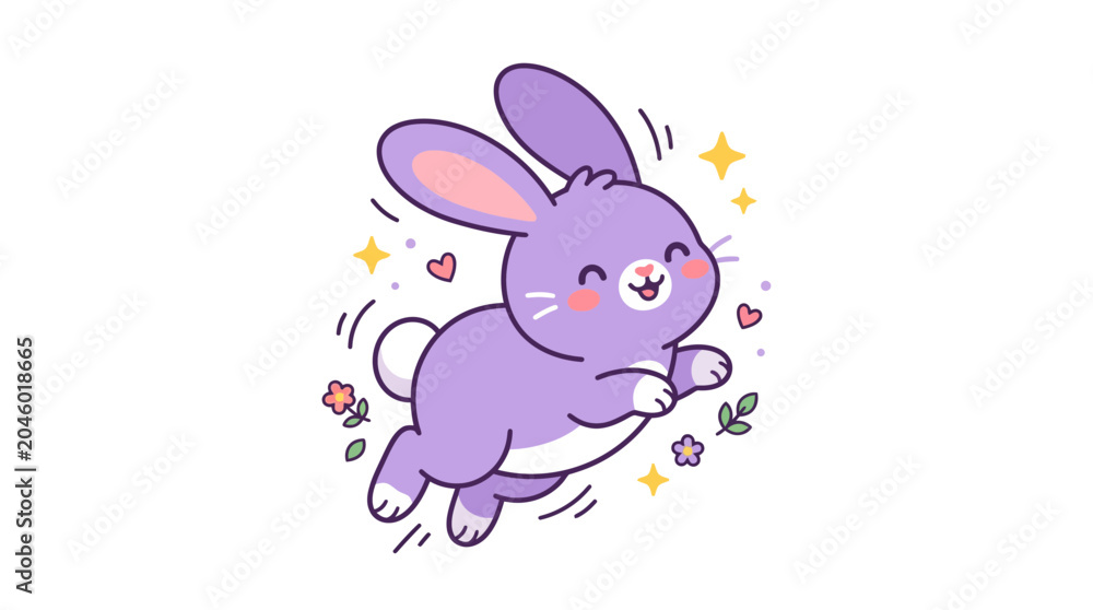 Obraz premium Cute jumping purple cartoon bunny with stars.