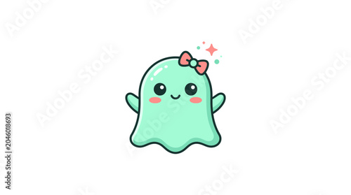 Cute mint green ghost with pink bow and stars.