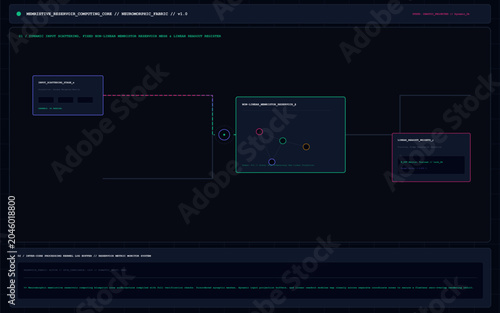 Futuristic UI dashboard interface, dark mode data visualization screen, high-tech digital control panel with flowchart elements and code lines