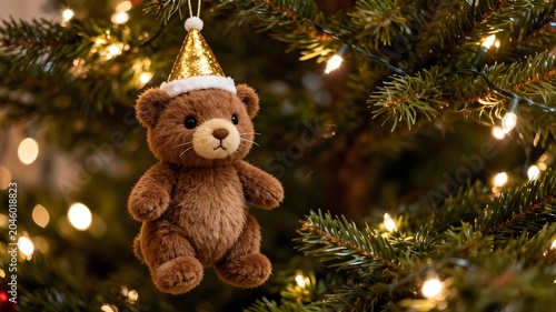 Boneka Beruang Lucu dengan Topi Emas Tergantung di Pohon Natal yang Meriah
