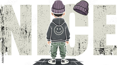 Boost your streetwear brand! Cool urban kid in hoodie & cargo pants vector with grunge 