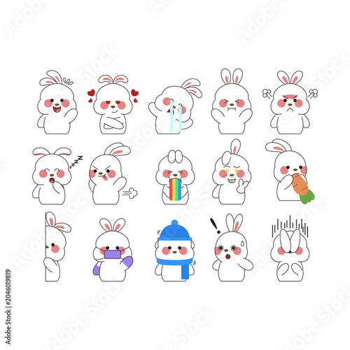 Cute Bunny Sticker Cartoon Illustration Isolated On White Background. Kawaii cute cartoon character design. 