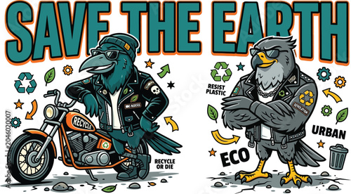 Badass biker birds are here to Save the Earth! Edgy eco-punk vector mascots with motorcycles and recycling symbols. Perfect for standout green campaigns!