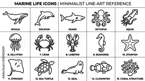 Photography Marine life icons, minimalistic line art, sea creatures, ocean symbols, 16 anima