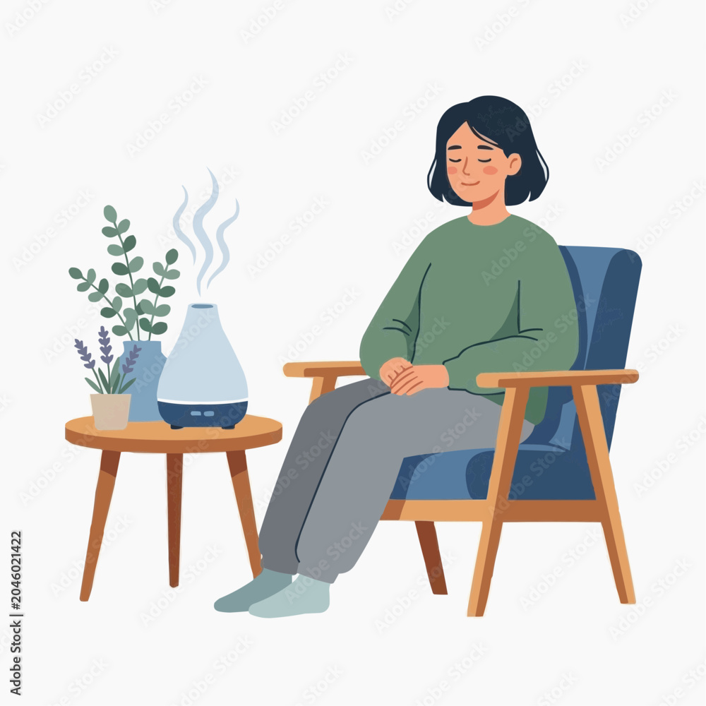 Fototapeta premium A serene woman relaxing in a chair with an essential oil diffuser and plants nearby