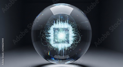 A glowing futuristic microchip or energy core encased within a clear glass sphere, symbolizing advanced technology and artificial intelligence.