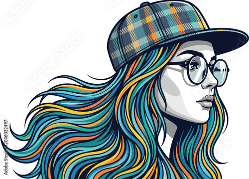 Upgrade your merch with this vibrant streetwear girl vector! Rocking colorful hair, glasses, & a plaid cap, it's a must-have for trendy apparel & posters!