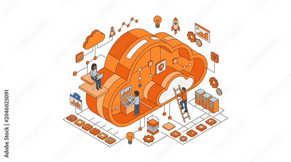 Fototapeta premium Isometric orange cloud computing with team working together.