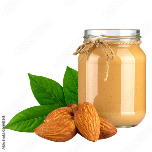 Fotografie Glass Jar of Creamy Almond Butter with Whole Almonds, healthy spread isolated on