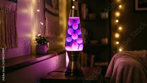 Vintage lava lamp with glowing purple blobs and ambient fairy lights in cozy room