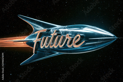 A sleek, retro-futuristic chrome spaceship emblazoned with the glowing neon word 