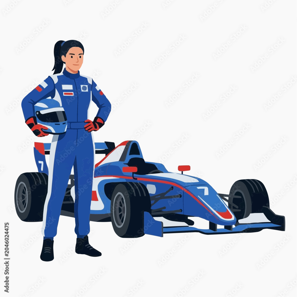 Fototapeta premium A female race car driver standing confidently in front of her blue and red racing car
