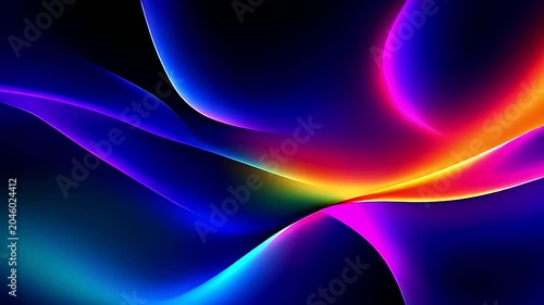 Abstract background with flowing neon light waves in vibrant purple blue and orange colors.