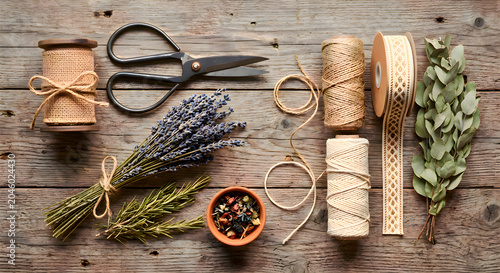 Scissors, twine, spools, and other items laid out on a table, creative handmade sewing tailoring workshop craft workspace hobbies layout