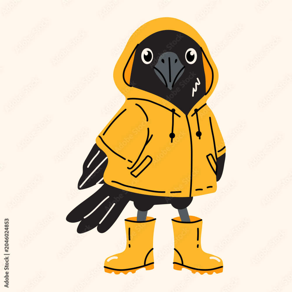 Obraz premium Cute Crow Wearing Yellow Raincoat and Boots