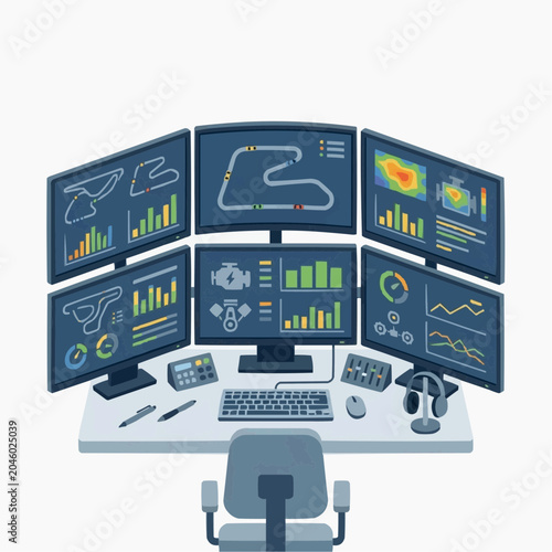 A vector graphic illustration of a modern workstation with multiple computer monitors and office equipment