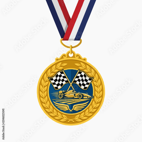 A gold medal with a racing car and checkered flags on a blue background