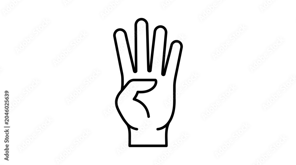 Fototapeta premium Outlined hand showing four fingers counting gesture icon.