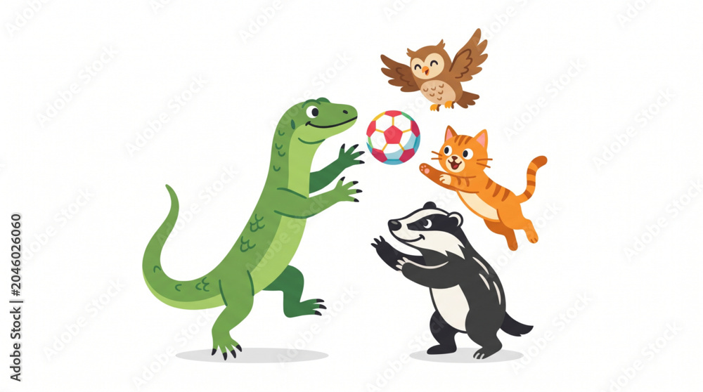 Fototapeta premium Group of Cute Cartoon Animals Playing Together with a Colorful Soccer Ball 